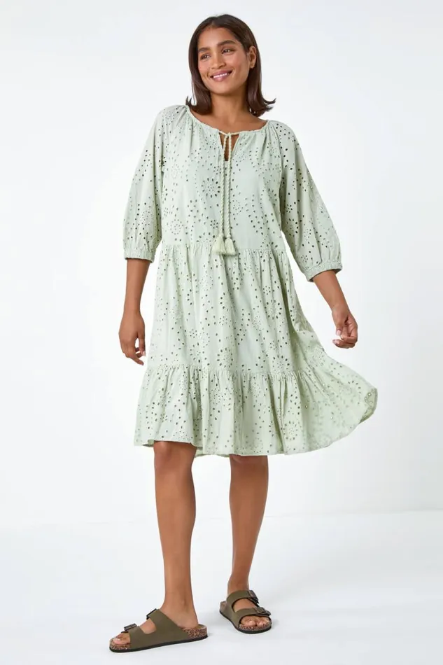 Sage Cotton Broderie Tiered Smock Dress Women Roman Dresses