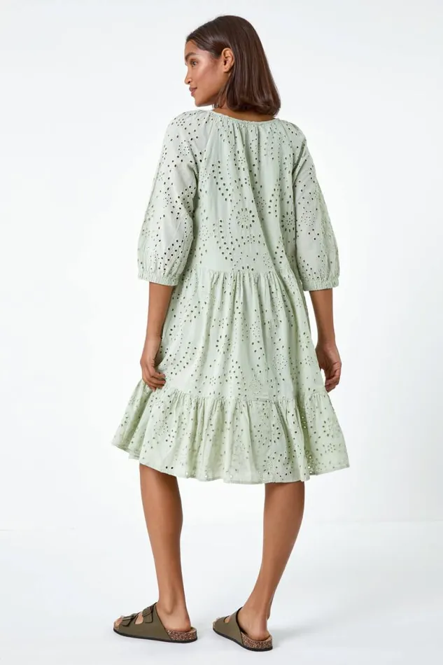 Sage Cotton Broderie Tiered Smock Dress Women Roman Dresses