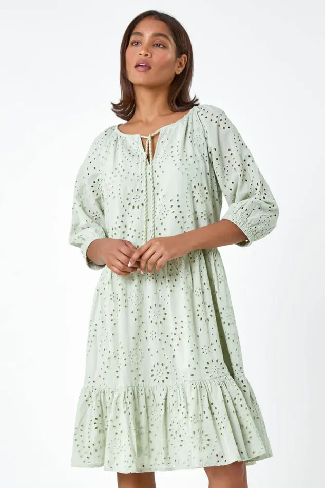 Sage Cotton Broderie Tiered Smock Dress Women Roman Dresses