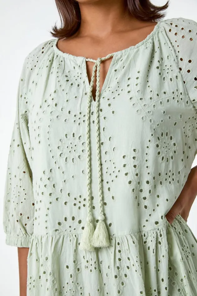 Sage Cotton Broderie Tiered Smock Dress Women Roman Dresses