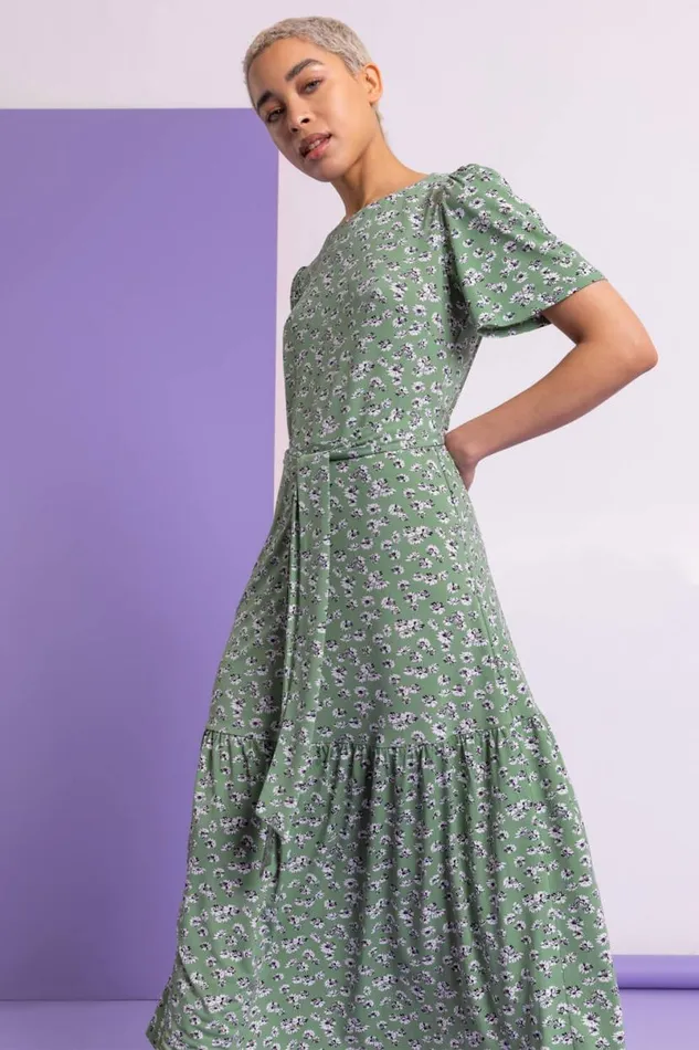 Sage Ditsy Daisy Print Belted Dress Women Roman Dresses