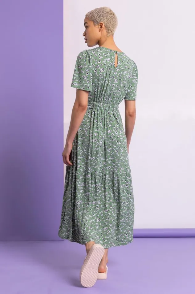 Sage Ditsy Daisy Print Belted Dress Women Roman Dresses