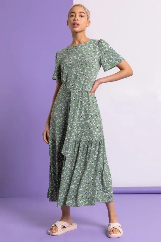 Sage Ditsy Daisy Print Belted Dress Women Roman Dresses