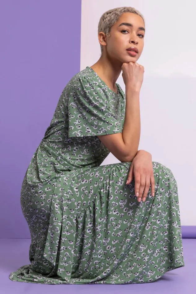 Sage Ditsy Daisy Print Belted Dress Women Roman Dresses