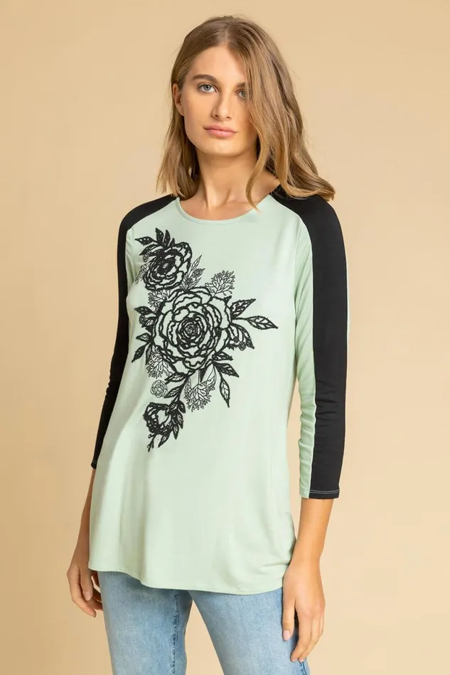 Sage Floral Embellished Contrast Print Top Women Roman Tops