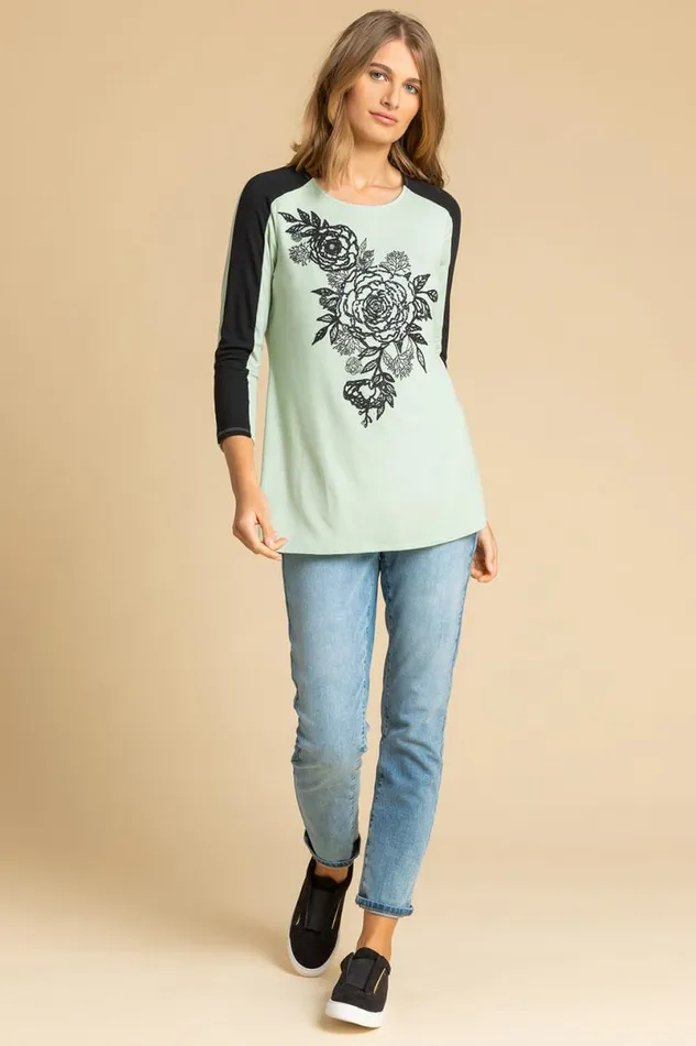 Sage Floral Embellished Contrast Print Top Women Roman Tops