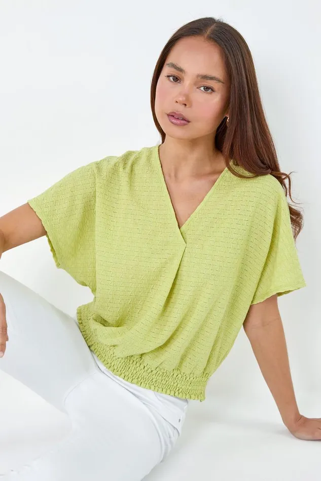 Sage Petite Textured Shirred VNeck Stretch Top Women Roman Tops