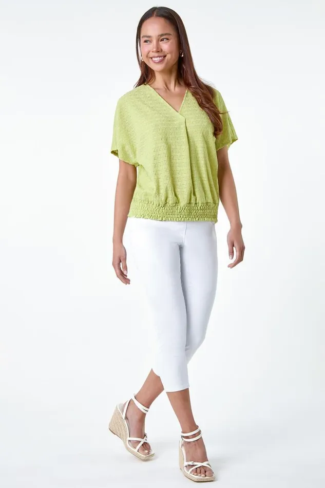 Sage Petite Textured Shirred VNeck Stretch Top Women Roman Tops