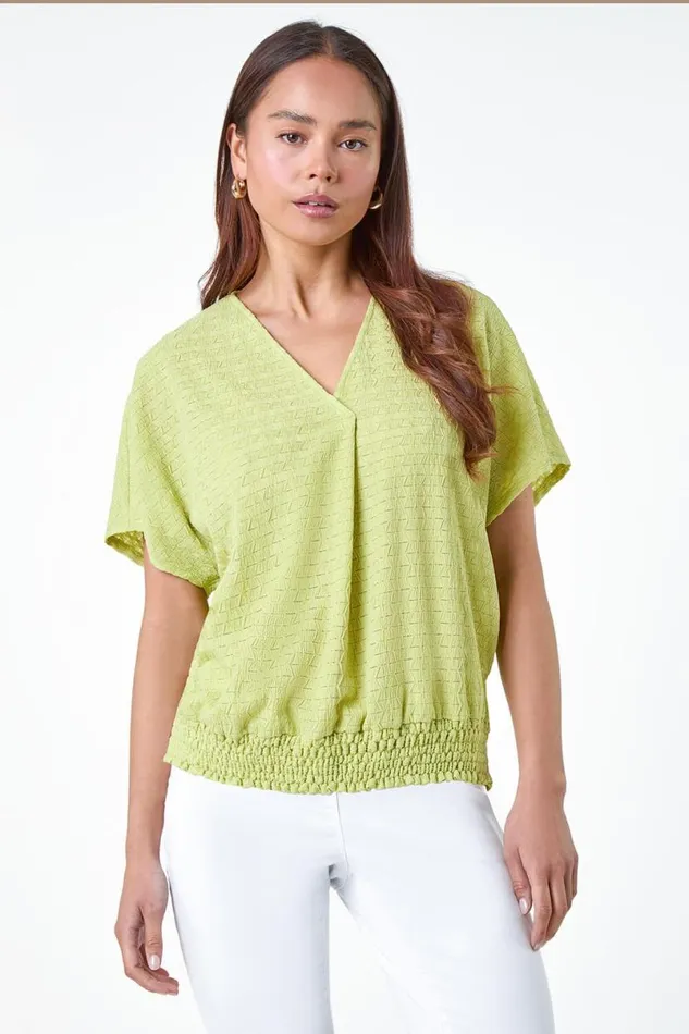 Sage Petite Textured Shirred VNeck Stretch Top Women Roman Tops