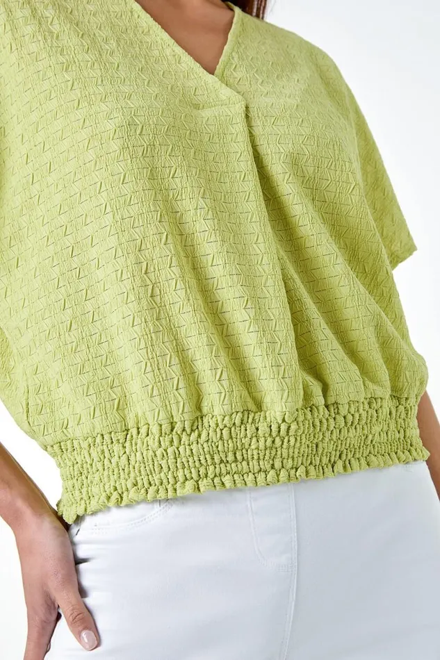 Sage Petite Textured Shirred VNeck Stretch Top Women Roman Tops