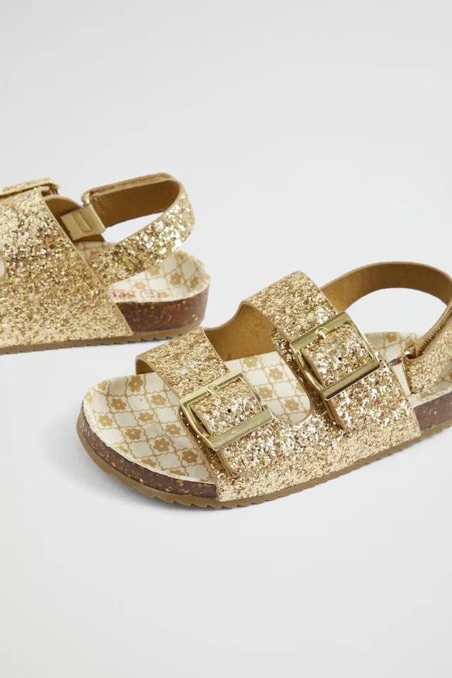 Sandals and Slides Girl Seed Heritage Glitter Double Buckle Slide Gold