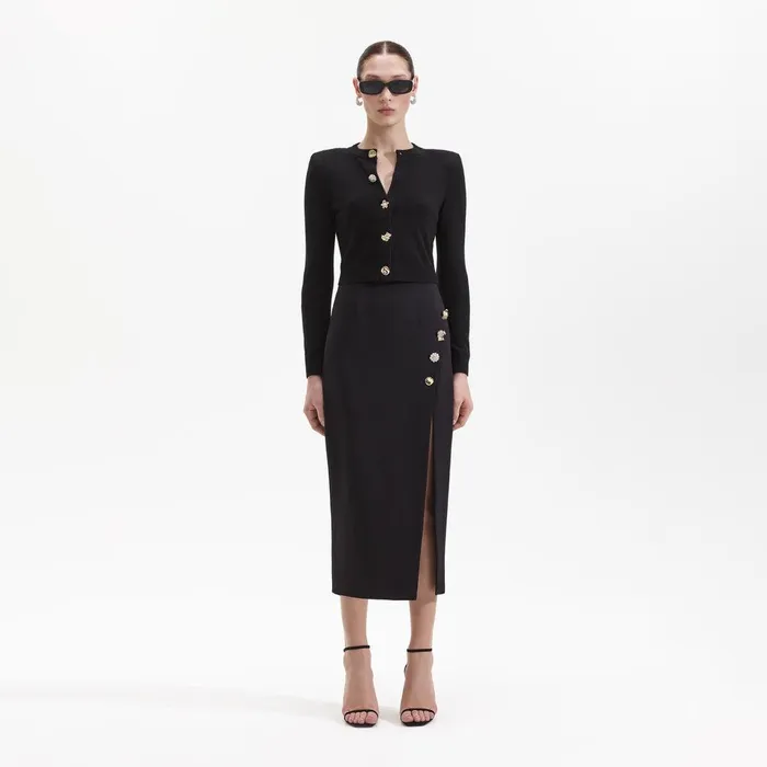 Self Portrait Bottoms Black Crepe Midi Skirt 8211 Women