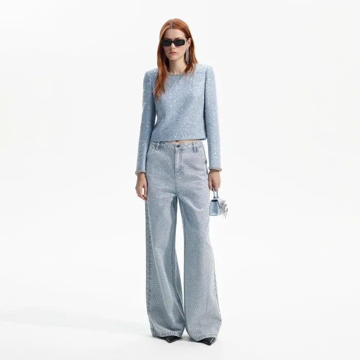 Self Portrait Denim Blue Sequin Boucle Top 8211 Women