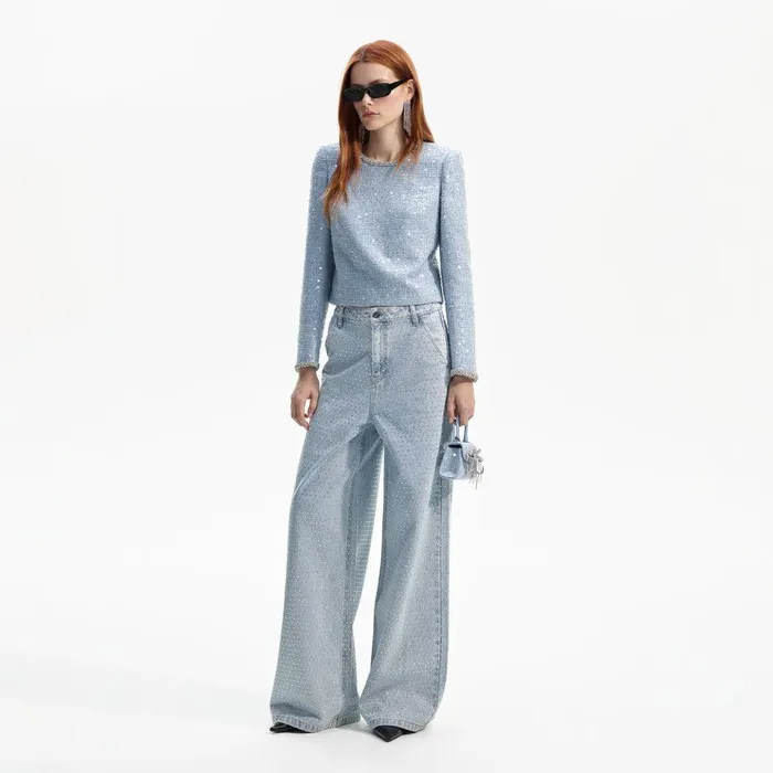 Self Portrait Denim Blue Sequin Boucle Top 8211 Women
