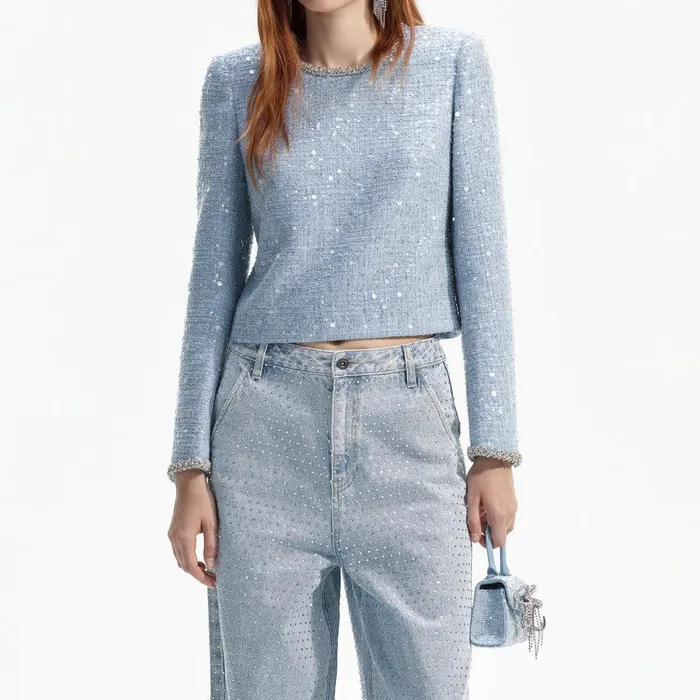 Self Portrait Denim Blue Sequin Boucle Top 8211 Women