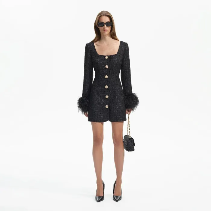 Self Portrait Dresses Black Boucle Feather Mini Dress 8211 Women