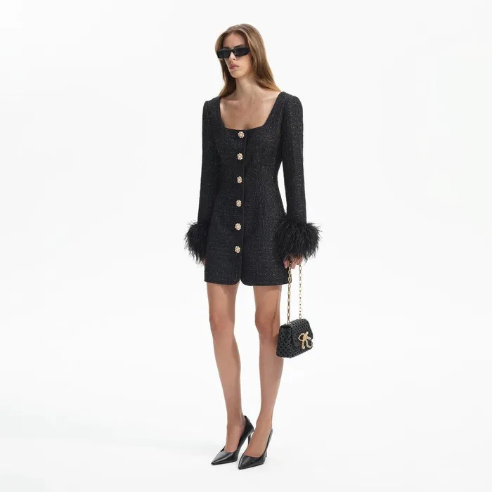 Self Portrait Dresses Black Boucle Feather Mini Dress 8211 Women
