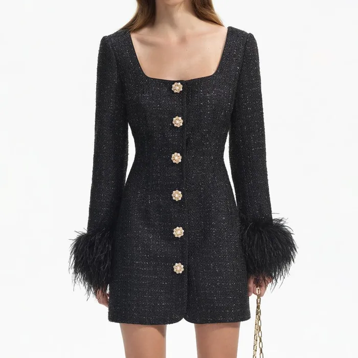Self Portrait Dresses Black Boucle Feather Mini Dress 8211 Women