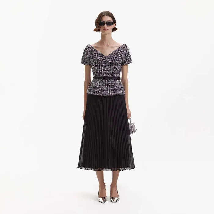 Self Portrait Dresses Black Boucle Off Shoulder Midi Dress 8211 Women