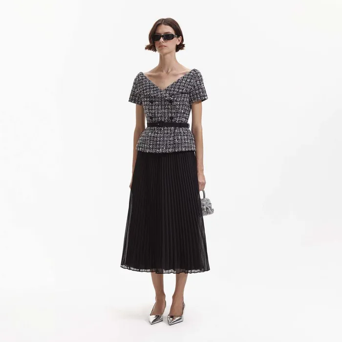 Self Portrait Dresses Black Boucle Off Shoulder Midi Dress 8211 Women