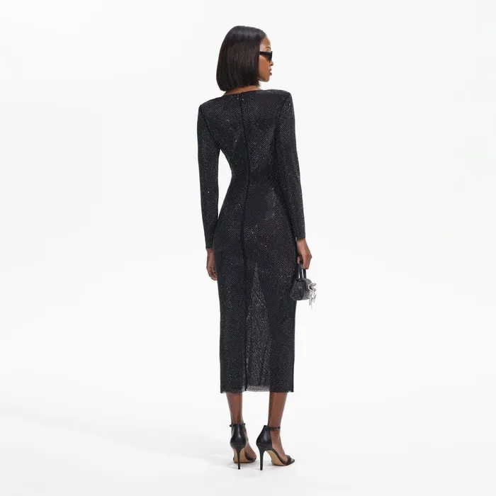 Self Portrait Dresses Black Rhinestone Gathered Midi Dress 8211 Women