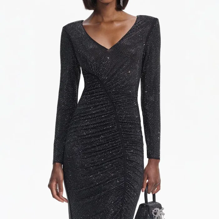 Self Portrait Dresses Black Rhinestone Gathered Midi Dress 8211 Women