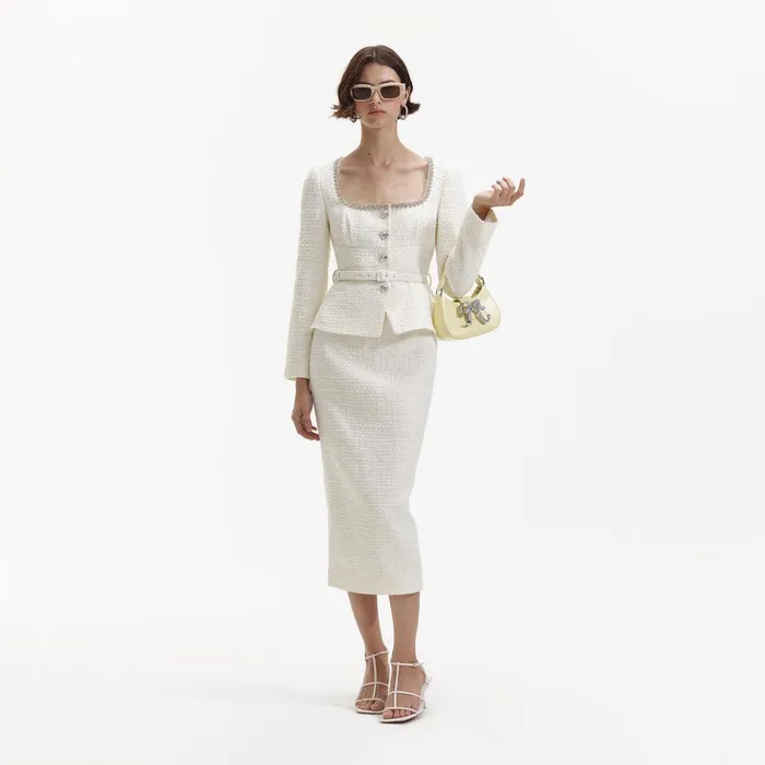 Self Portrait Dresses Cream Boucle Diamante Trim Midi Dress 8211 Women