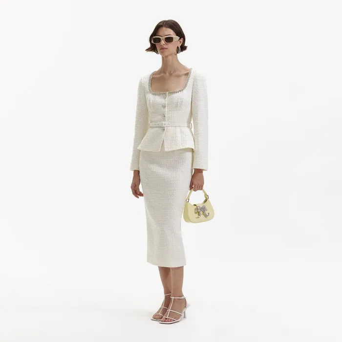 Self Portrait Dresses Cream Boucle Diamante Trim Midi Dress 8211 Women
