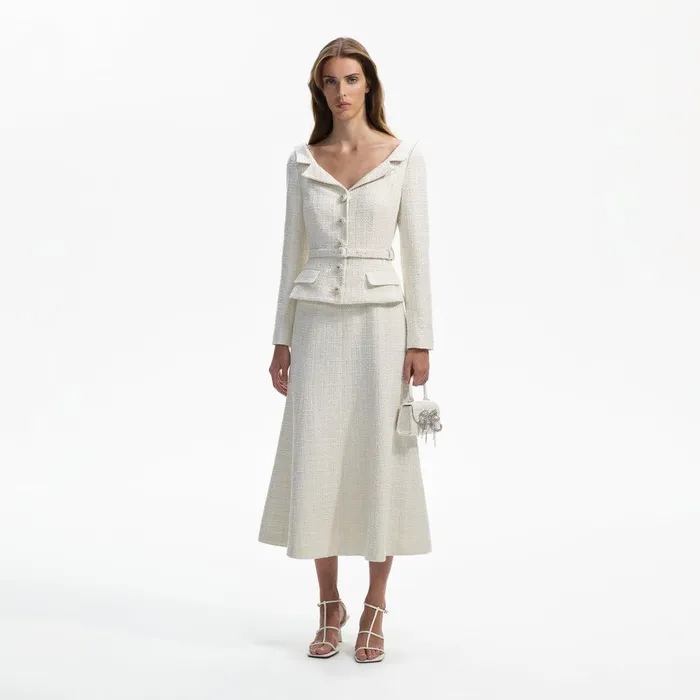 Self Portrait Dresses Cream Boucle Tailored Off Shoulder Midi Dress 8211 Women