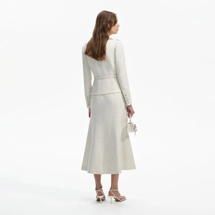 Self Portrait Dresses Cream Boucle Tailored Off Shoulder Midi Dress 8211 Women