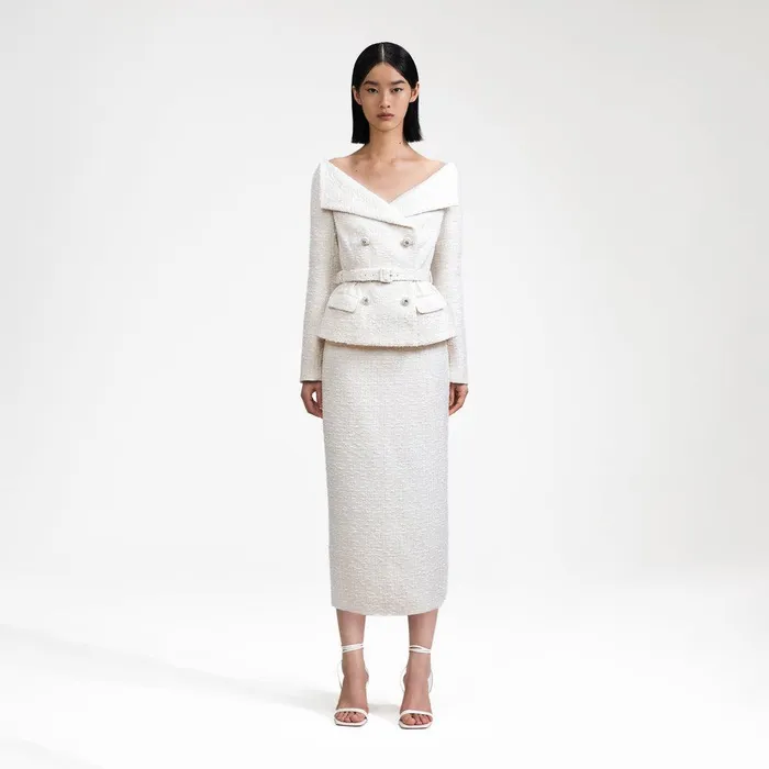 Self Portrait Dresses Cream Off Shoulder Boucle Midi Dress 8211 Women