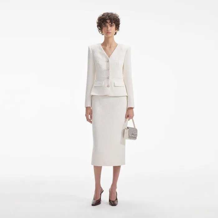 Self Portrait Dresses Cream Tinsel Boucle Midi Dress 8211 Women
