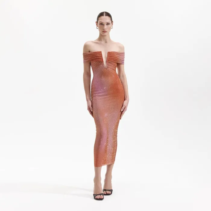 Self Portrait Dresses Orange Rhinestone Midi Dress 8211 Women