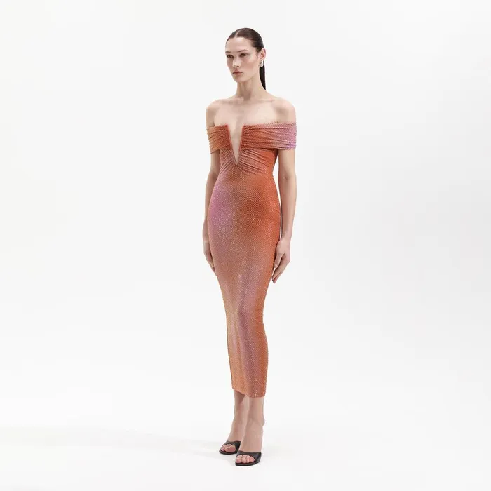 Self Portrait Dresses Orange Rhinestone Midi Dress 8211 Women