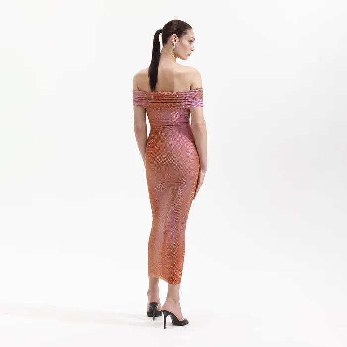 Self Portrait Dresses Orange Rhinestone Midi Dress 8211 Women