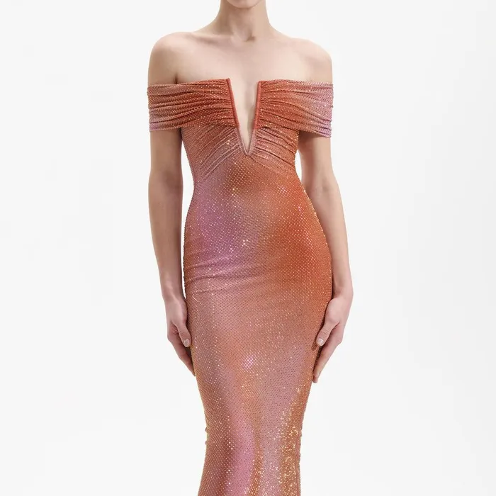 Self Portrait Dresses Orange Rhinestone Midi Dress 8211 Women