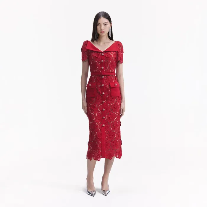 Self Portrait Dresses Red Lace Open Neck Midi Dress 8211 Women