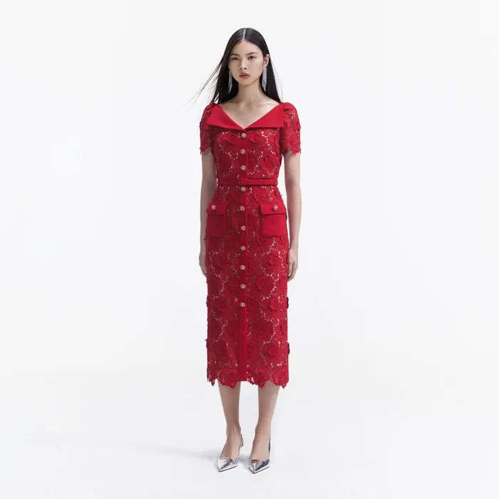 Self Portrait Dresses Red Lace Open Neck Midi Dress 8211 Women