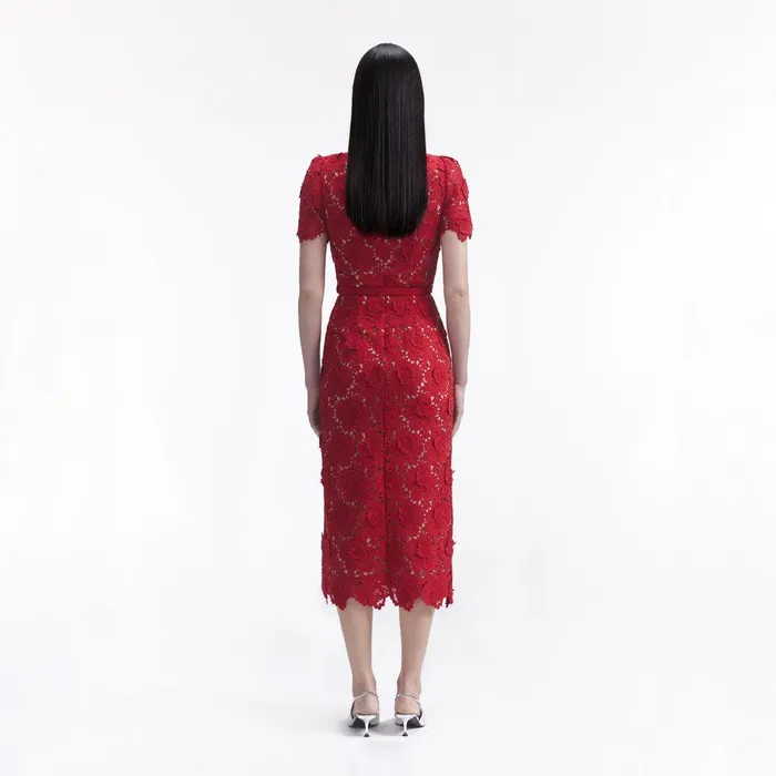 Self Portrait Dresses Red Lace Open Neck Midi Dress 8211 Women