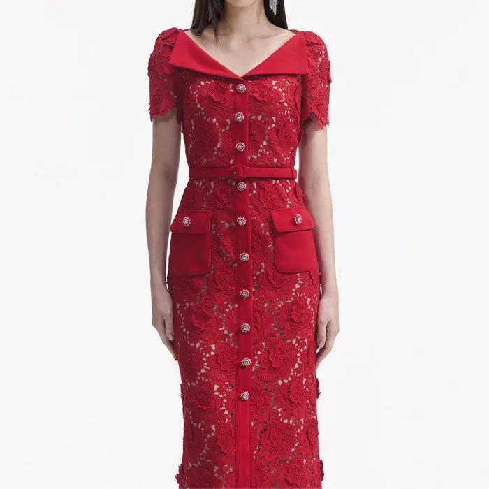 Self Portrait Dresses Red Lace Open Neck Midi Dress 8211 Women
