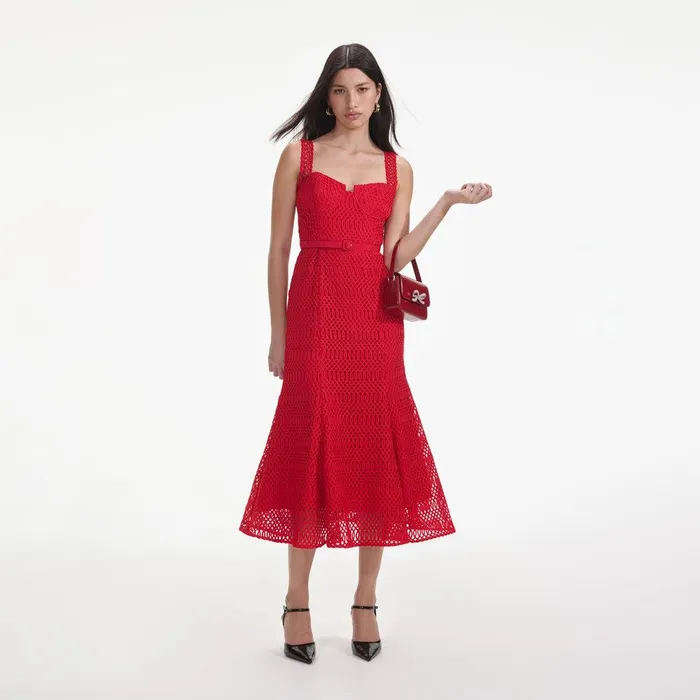 Self Portrait Dresses Red Lattice Lace Midi Dress 8211 Women