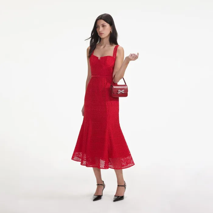 Self Portrait Dresses Red Lattice Lace Midi Dress 8211 Women