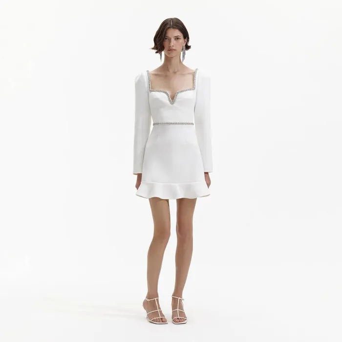 Self Portrait Dresses White Bonded Crepe Long Sleeve Mini Dress 8211 Women