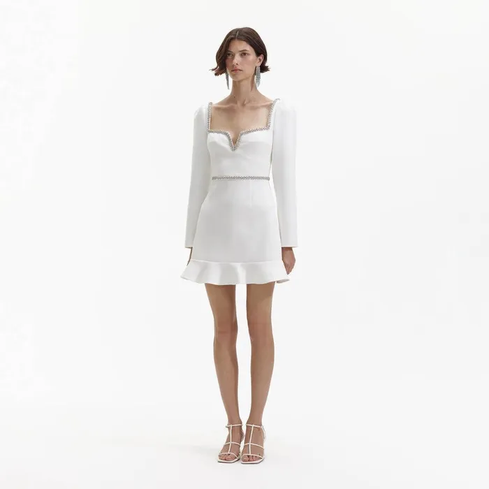 Self Portrait Dresses White Bonded Crepe Long Sleeve Mini Dress 8211 Women