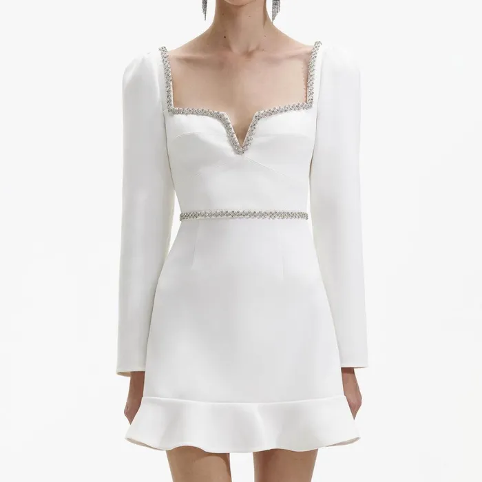 Self Portrait Dresses White Bonded Crepe Long Sleeve Mini Dress 8211 Women