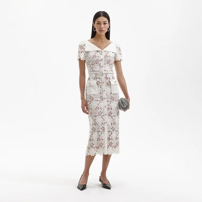 Self Portrait Dresses White Lace Open Neck Midi Dress 8211 Women