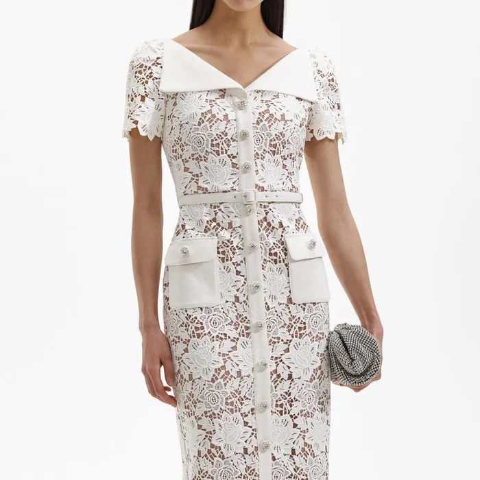 Self Portrait Dresses White Lace Open Neck Midi Dress 8211 Women