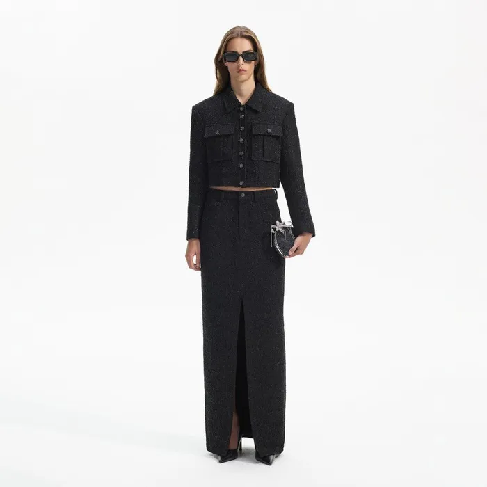 Self Portrait Outerwear Black Boucle Cropped Jacket 8211 Women