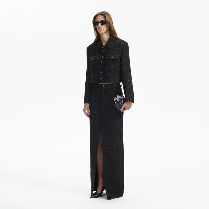 Self Portrait Outerwear Black Boucle Cropped Jacket 8211 Women