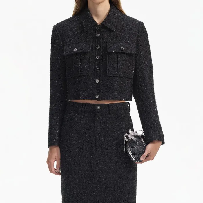 Self Portrait Outerwear Black Boucle Cropped Jacket 8211 Women